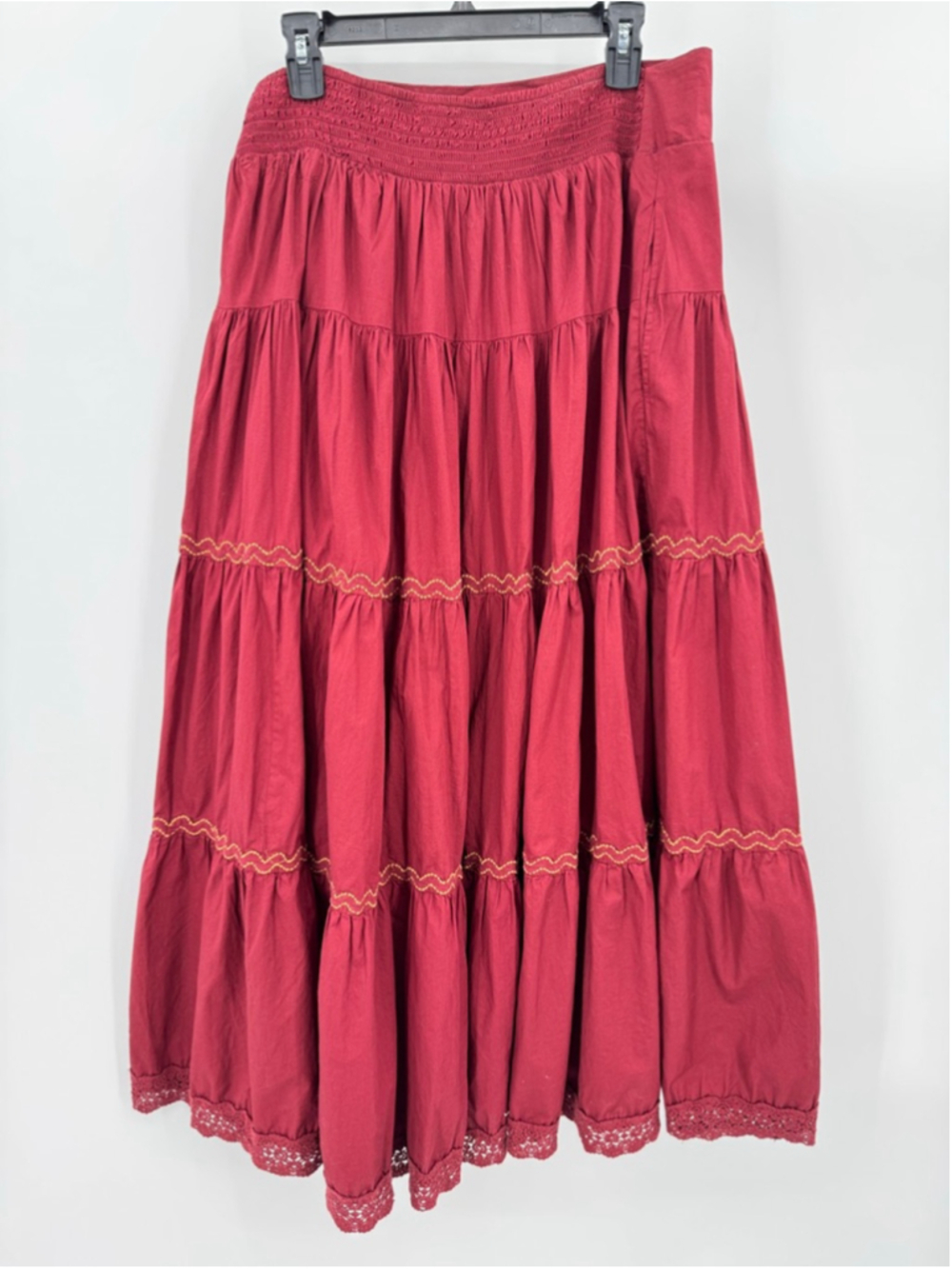 Anthropologie Tiered Prairie Skirt Burgundy Cotton Lace Cottagecore Boho Large - Picture 3 of 11